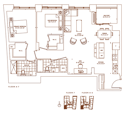 Floor plan for 2 beds, 2 baths, 1221 sqft
